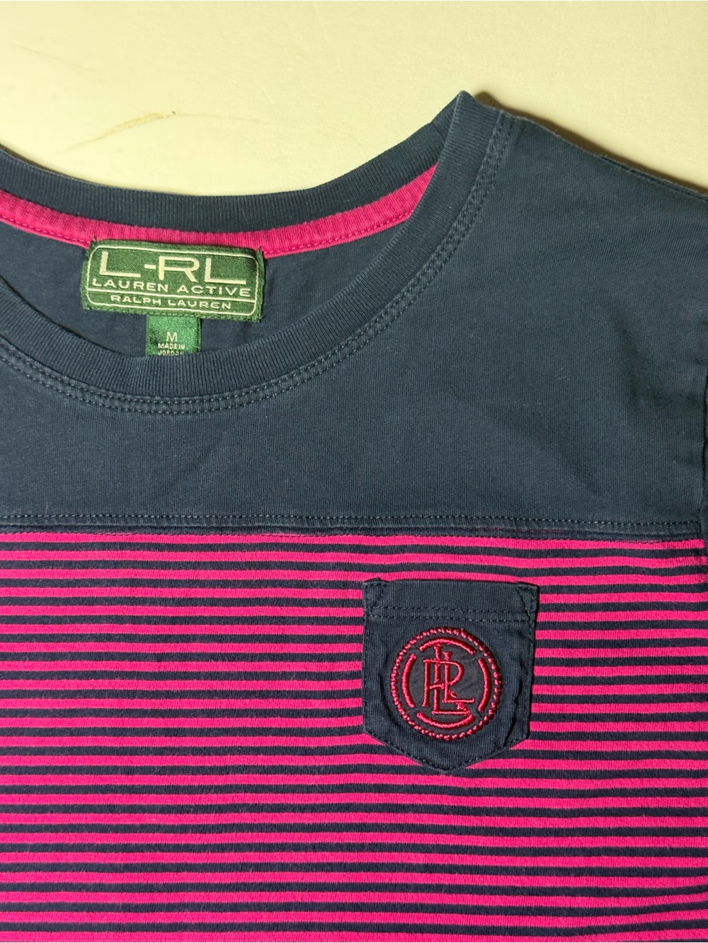 Lauren Ralph Lauren Active T-shirt medium Pink Navy Striped Crest Logo